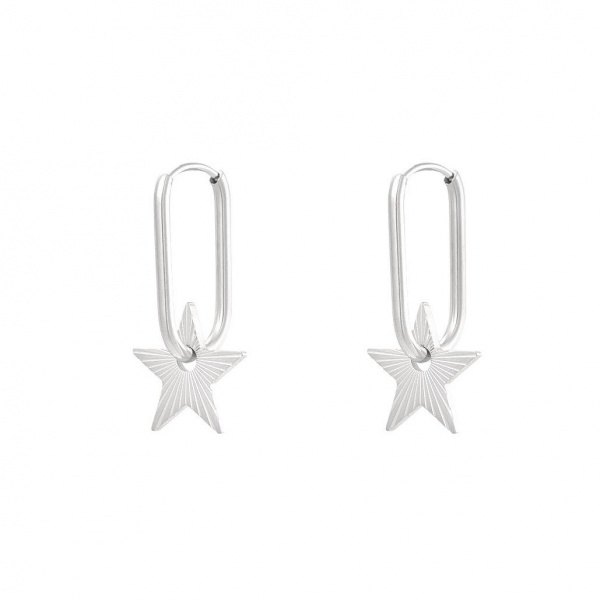 Oval Star Hoop Earrings - Silver